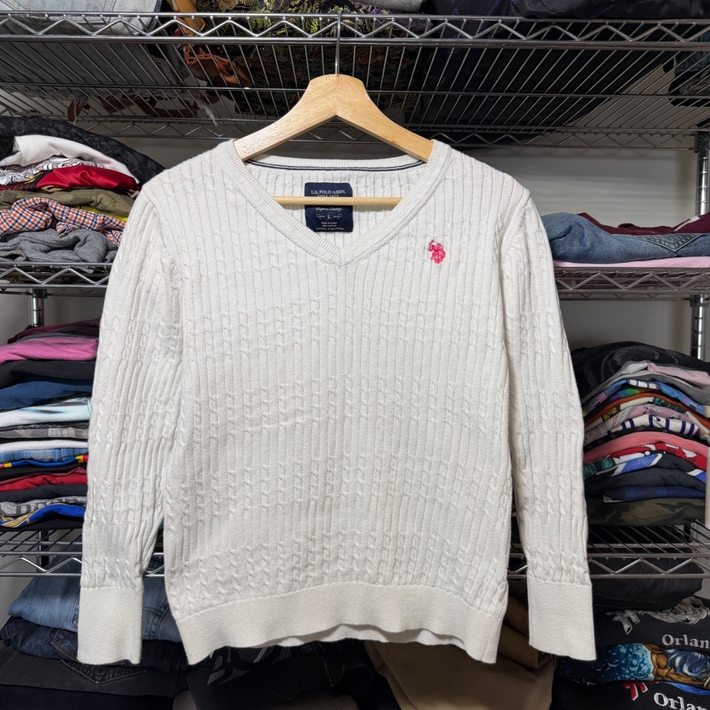 U.S. Polo Assn Cable Knit Sweater Women's L White V-Neck Pink Logo Pullover
